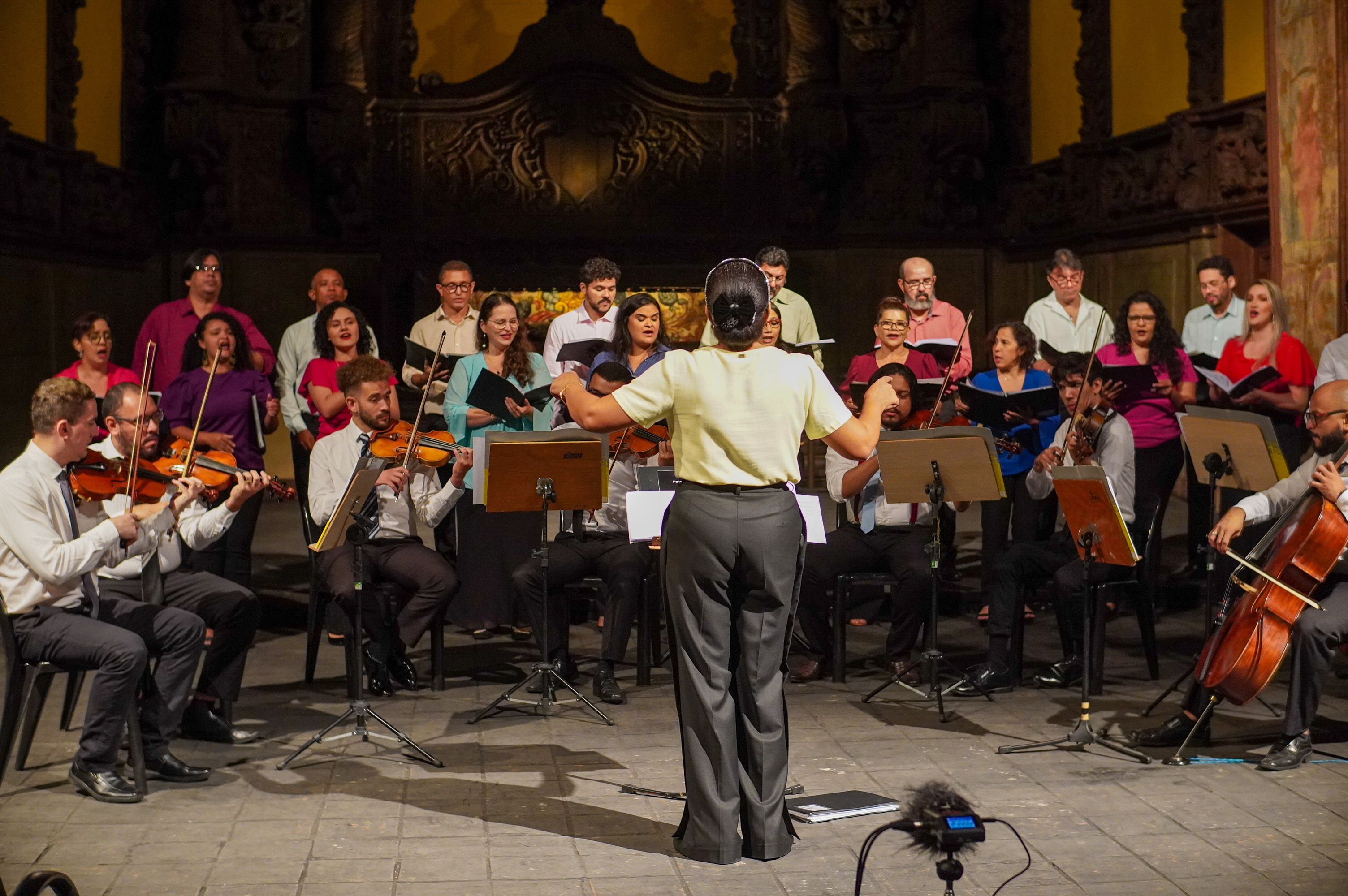 a person standing in front of an orchestra