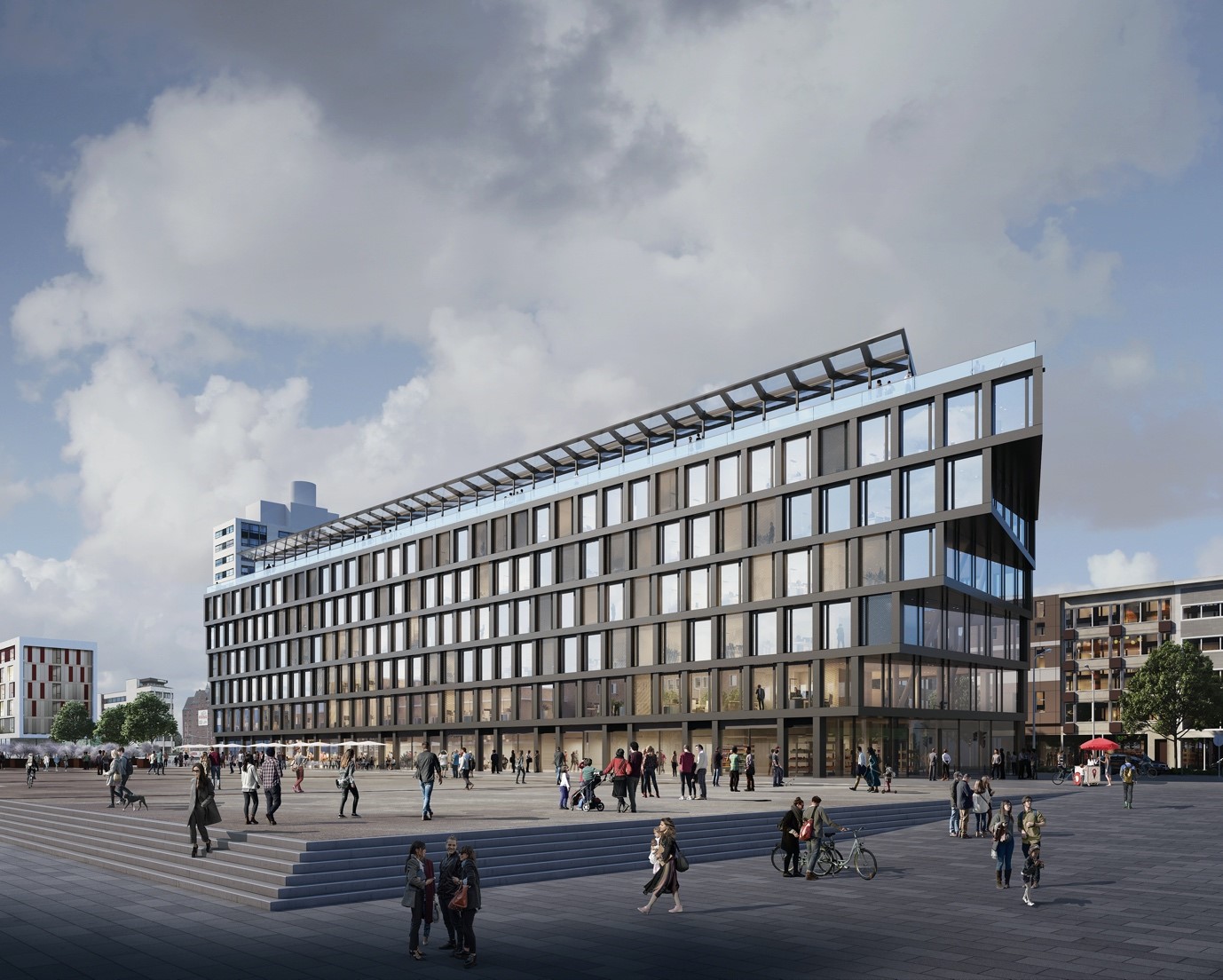 a large building with people walking around