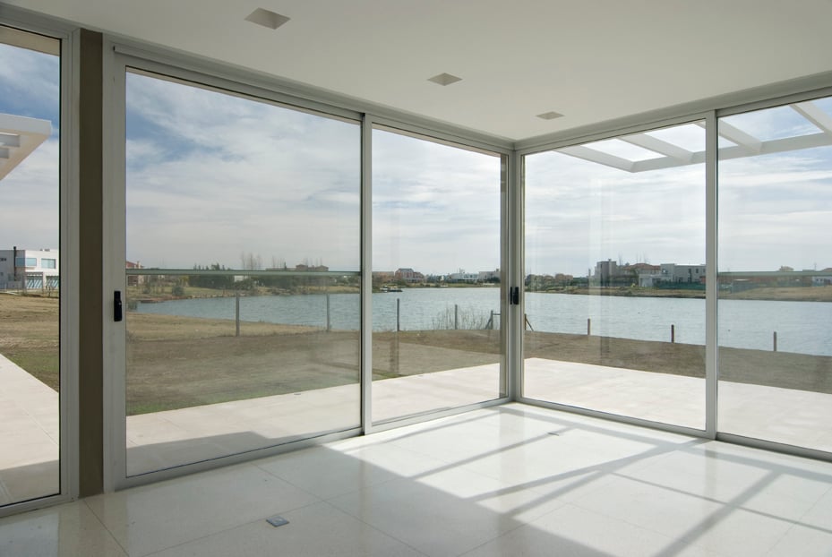 a room with large windows