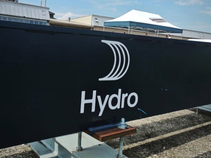 a black boat with white text on it